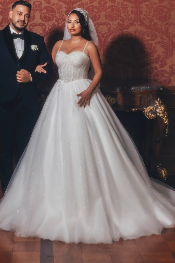 Elegante A Linie Brautkleider Tüll Hochzeitskleider mit Glitzer