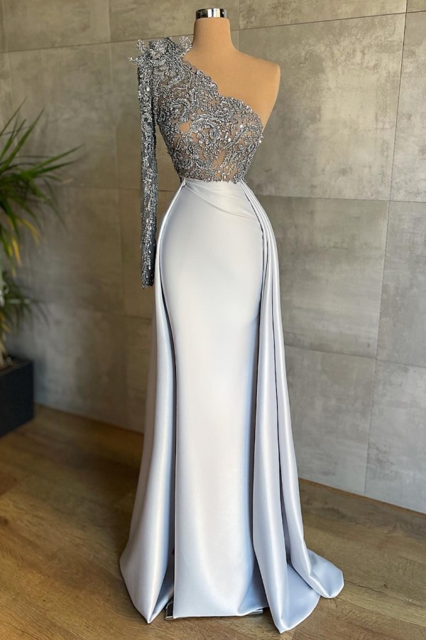 Silber Ballkleider lang Spitze Abiballkleid Abendkleid Glitzer