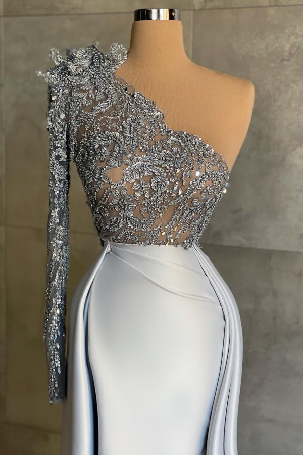 Silber Ballkleider lang Spitze Abiballkleid Abendkleid Glitzer