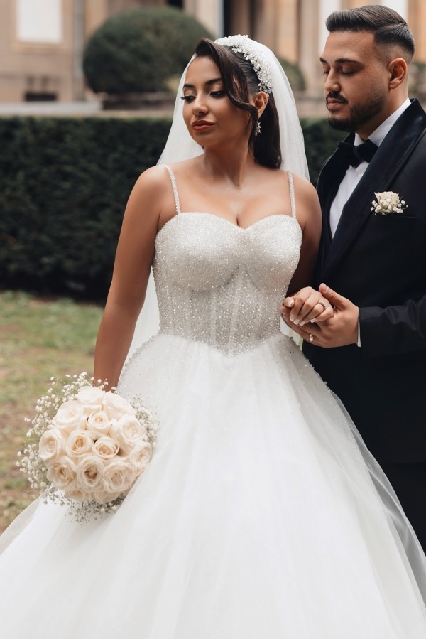 Elegante A Linie Brautkleider Tüll Hochzeitskleider mit Glitzer