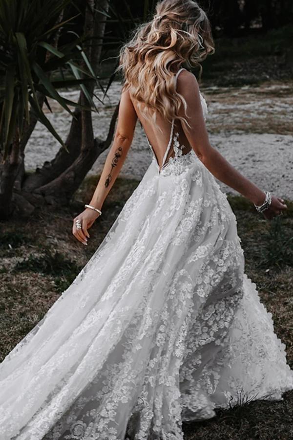 Wunderschöne Boho Brautkleider Spitze Strand Hochzeitskleid A Linie