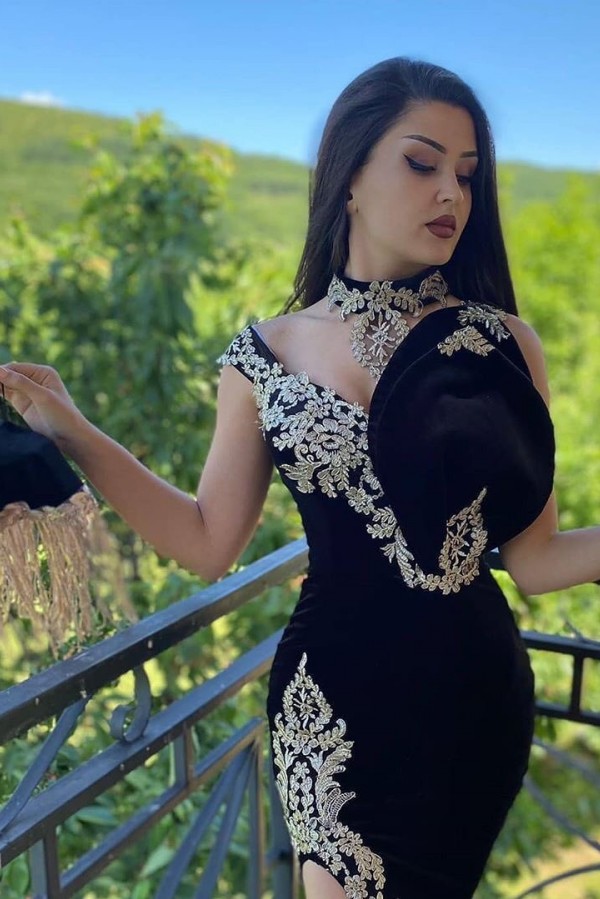 Designer Abendkleider Lang Schwarz Velvet Abendmoden Meerjungfrau