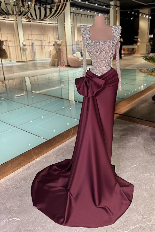 Burgundy Abendkleider Lang Glitzer Abiballkleider Ballkleider Mit Ärmel