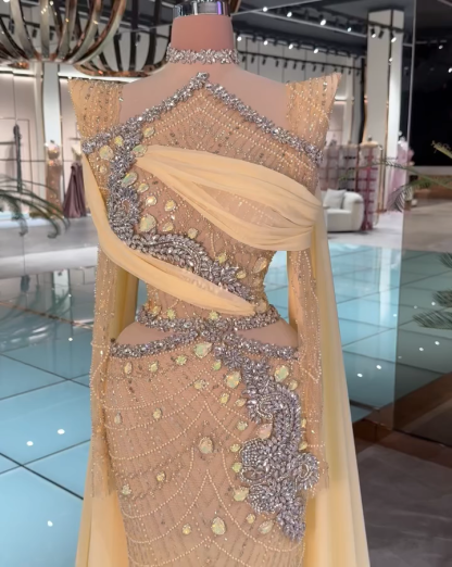 Extravagante Abendkleider Lang Glitzer Gelb Ballkleider mit Ärmel