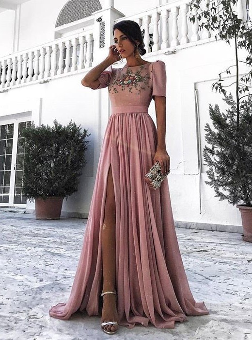 Altrosa Abendkleider Lang Günstig Mit Kurze Ärmel Perlen Chiffon Abendkleid Abiballkleider
