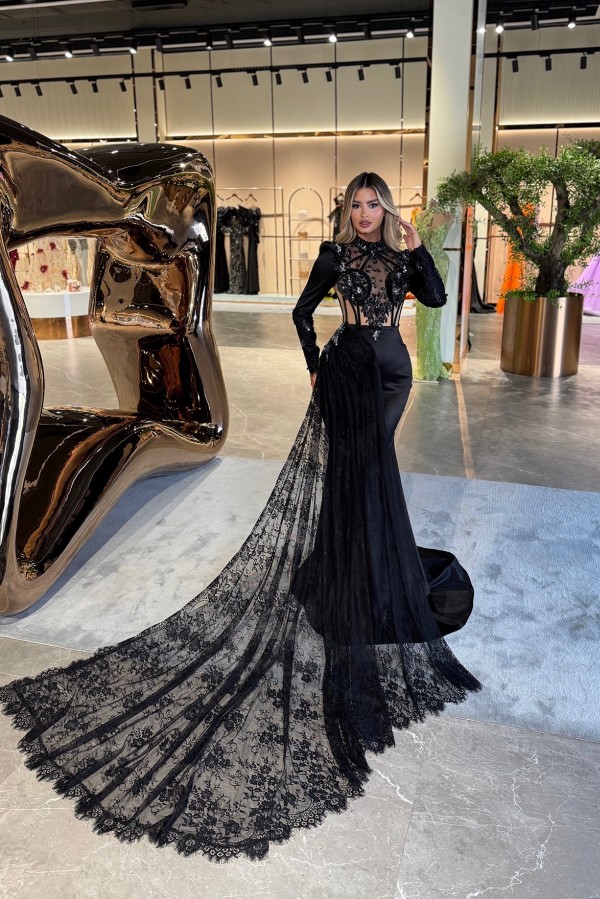 Designer Abendkleider Lang Schwarz Spitze Abiballkleider mit Ärmel
