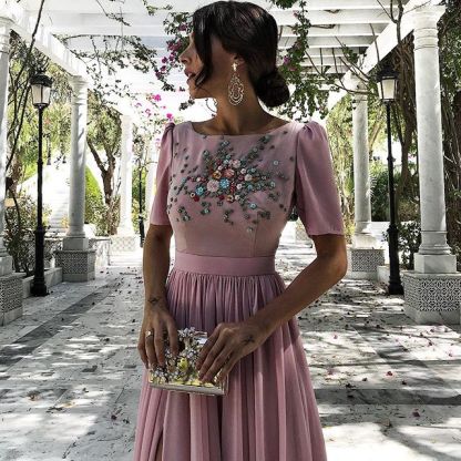 Altrosa Abendkleider Lang Günstig Mit Kurze Ärmel Perlen Chiffon Abendkleid Abiballkleider