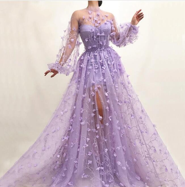 Elegante Abendkleider mit Ärmel | Lila Spitze Abendmoden Online-babyonlinedressde