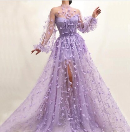 Elegante Abendkleider mit Ärmel | Lila Spitze Abendmoden Online-babyonlinedressde