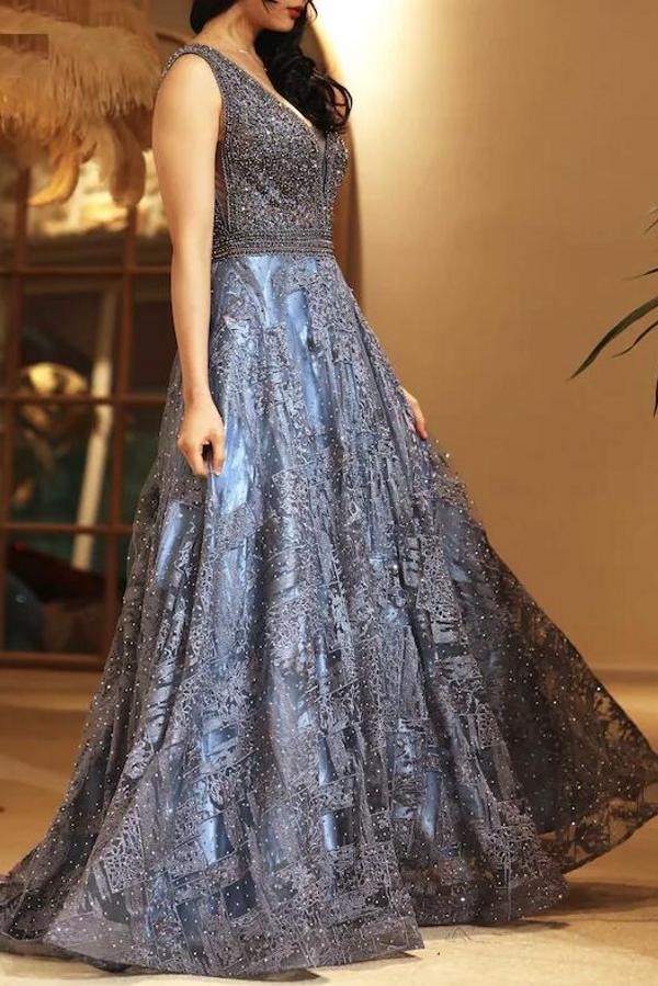Blaues Abendkleid Lang V Ausschnitt | Abiballkleider mit Glitzer
