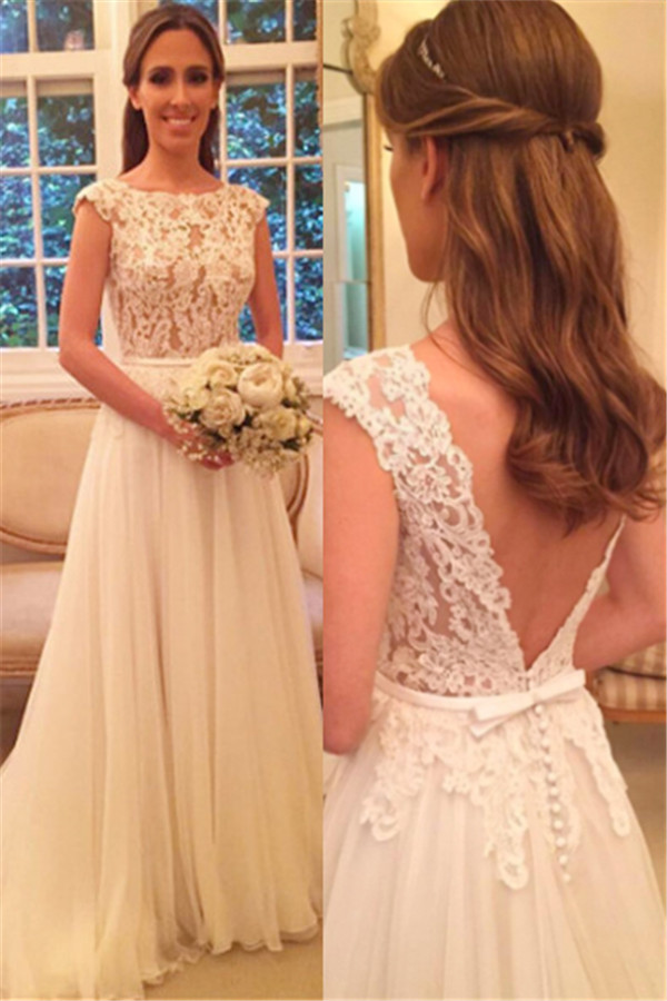 A Linie Weiß Brautkleider Mit Spitze Chiffon Rückenfrei Brautmoden Hochzeitskleider