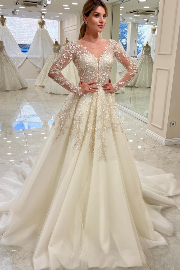 Vintage Brautkleid V Ausschnitt A Linie Spitze Hochzeitskleider Mit Ärmel