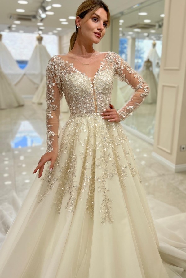 Vintage Brautkleid V Ausschnitt A Linie Spitze Hochzeitskleider Mit Ärmel