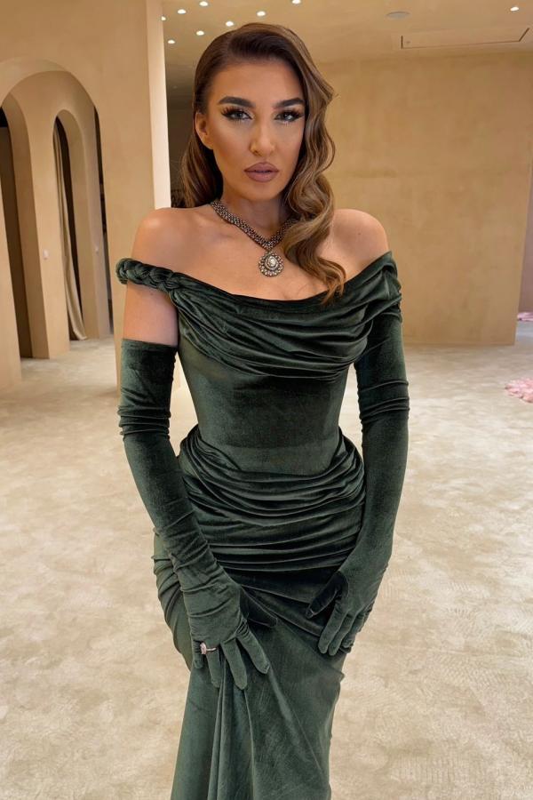 Schlichte Abendkleider Lang Velvet Abiballkleider Grün-babyonlinedressde