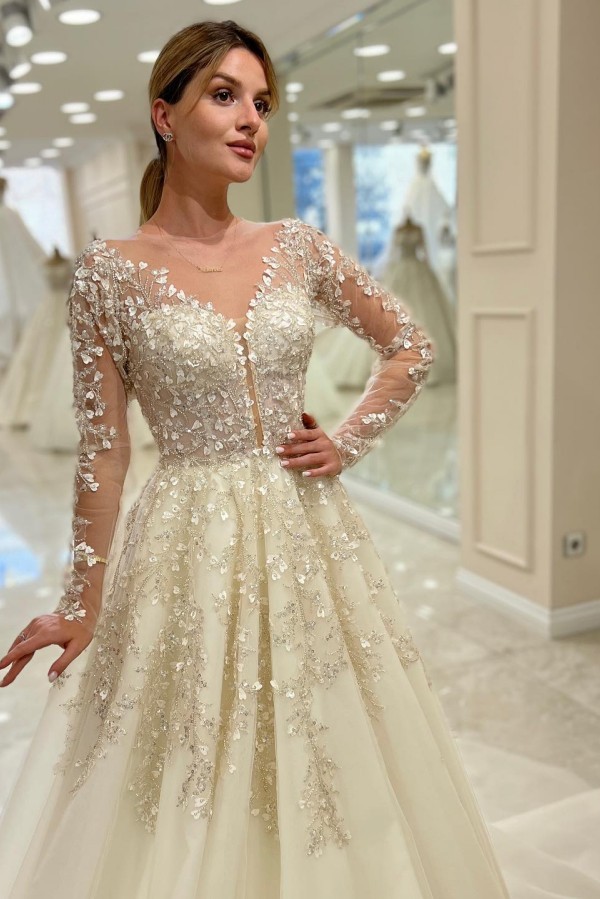Vintage Brautkleid V Ausschnitt A Linie Spitze Hochzeitskleider Mit Ärmel