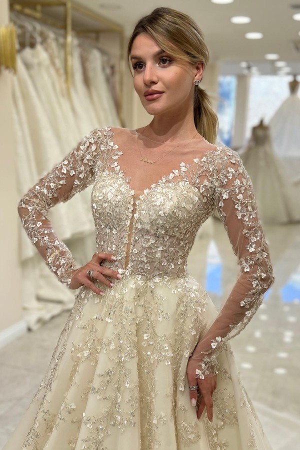Vintage Brautkleid V Ausschnitt A Linie Spitze Hochzeitskleider Mit Ärmel