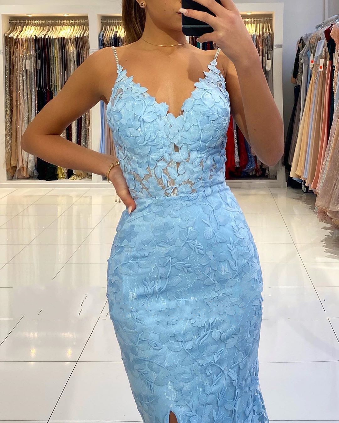 Elegante Abendkleider Blau | Spitze Abiballkleider Meerjungfrau