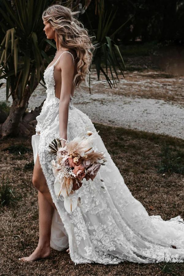 Wunderschöne Boho Brautkleider Spitze Strand Hochzeitskleid A Linie