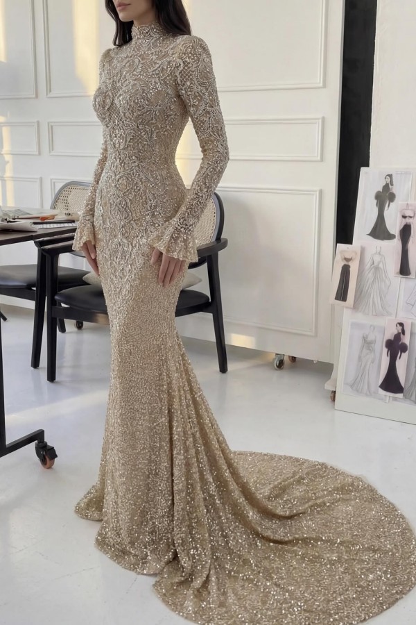 Schöne Hochzeitskleider Glitzer mit Ärmel Brautkleider Meerjungfra Golden