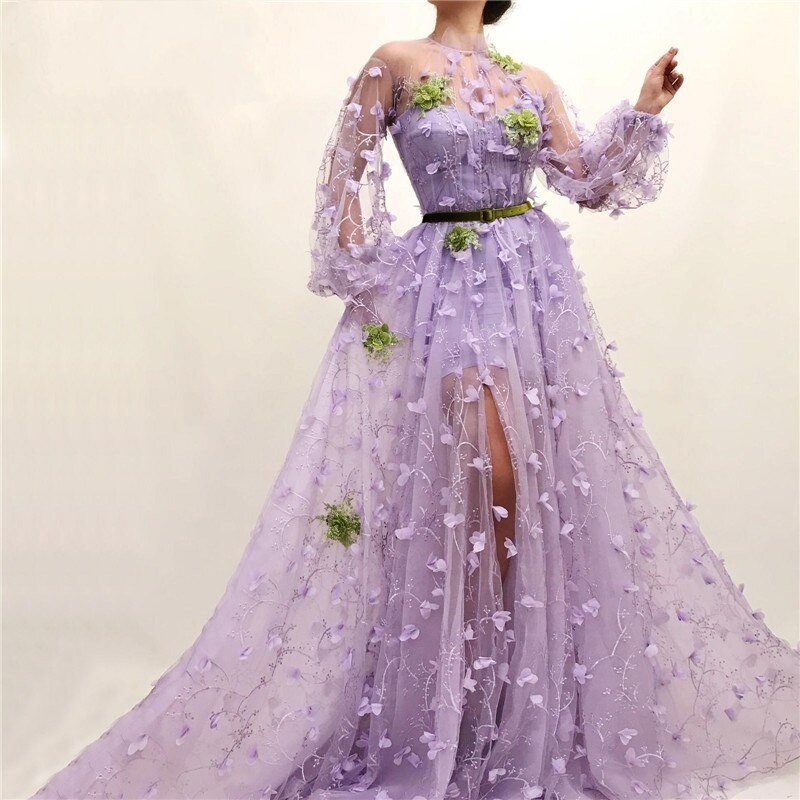 Elegante Abendkleider mit Ärmel | Lila Spitze Abendmoden Online-babyonlinedressde