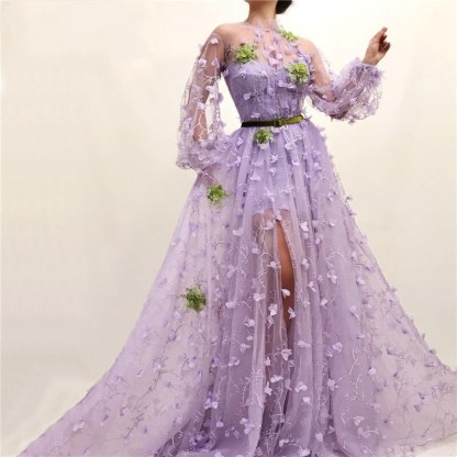 Elegante Abendkleider mit Ärmel | Lila Spitze Abendmoden Online-babyonlinedressde