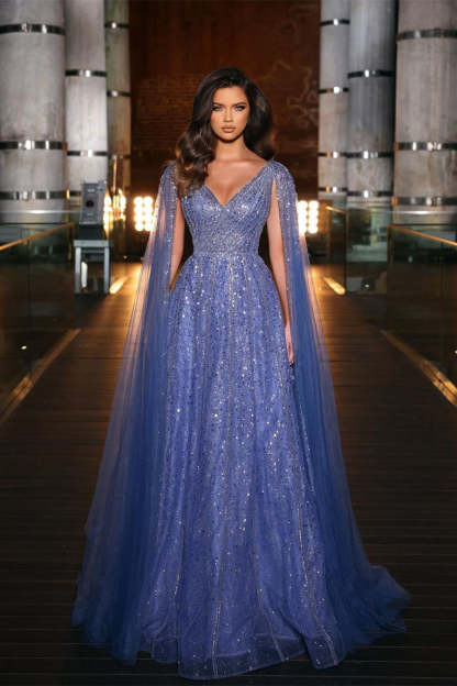 Designer Abendkleid Lang V Ausschnitt | Abiballkleider mit Glitzer