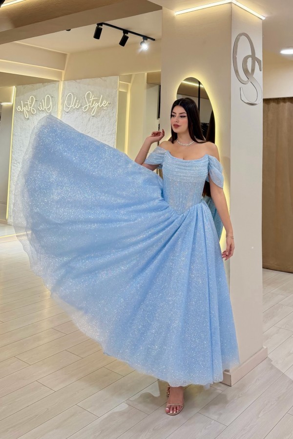 Himmel Blaue Cocktailkleider Partykleider Kurz Ballkleider Glitzer