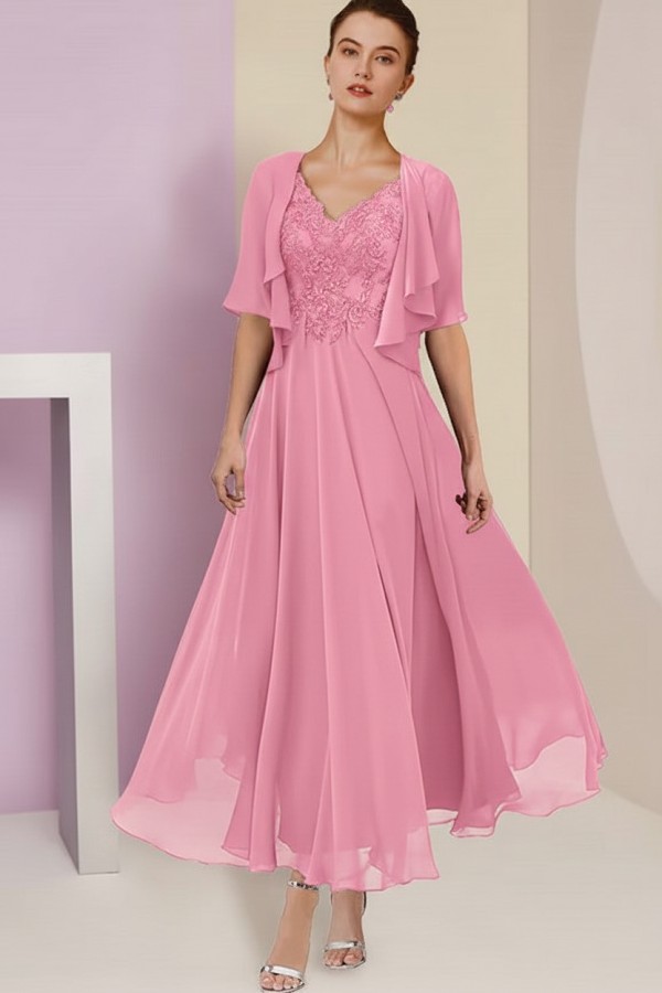 Elegant Rosa Brautmutterkleider Chiffon | Mutterkleider mit V-Ausschnitt