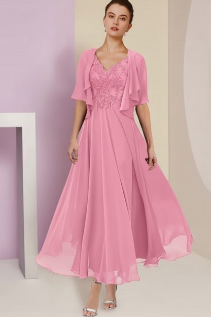 Elegant Rosa Brautmutterkleider Chiffon | Mutterkleider mit V-Ausschnitt