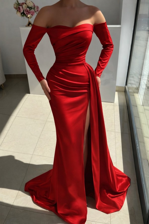 Rotes Abendkleid Lang Schlicht Ballkleider Mit Ärmel