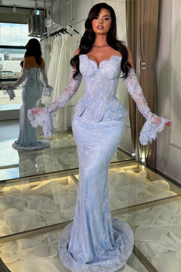 Designer Abendkleider Lang Himmel Blau Ballkleider Spitze