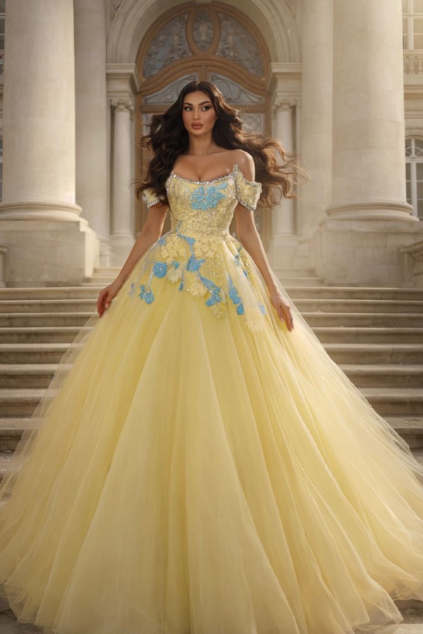 Prinzessin Ballkleid Lang Glitzer Gelb Abendkleider mit Spitze