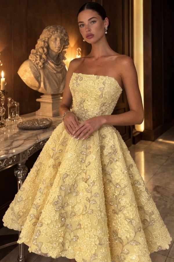 Gelb Abendkleid Kurz Spitze Ballkleid Cocktailkleider Glitzer