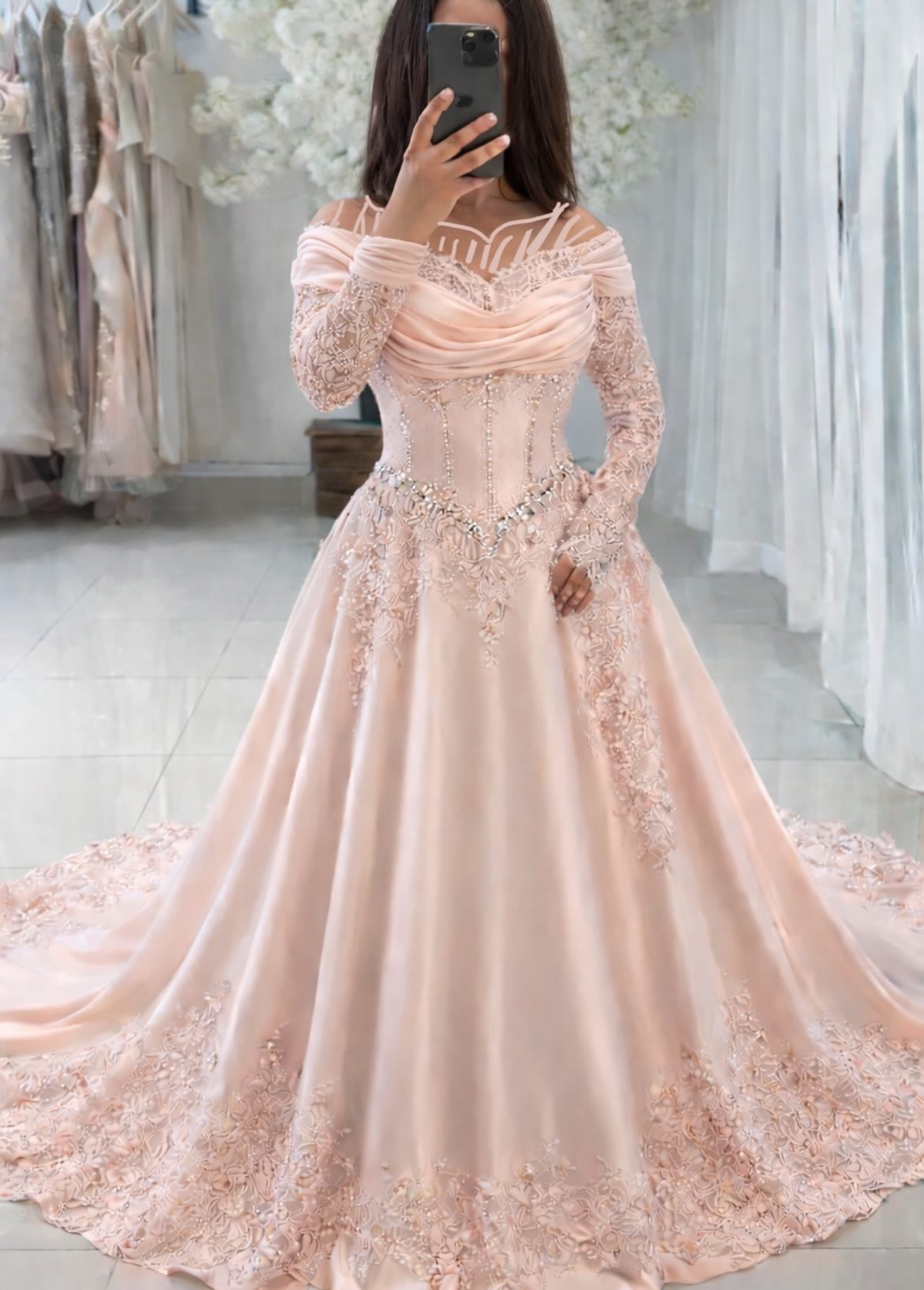 Elegante Abendkleider Lang Rosa |Spitze Abiballkleider mit Ärmel