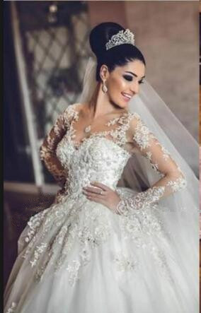 Duchesse-Linie Weiße Brautkleider Spitze Lange Ärmel Tüll Hochzeitskleider Brautmoden