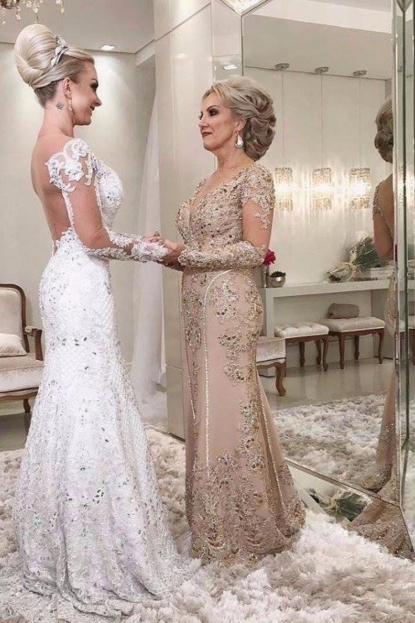 Golden Brautmutterkleider Spitze Mit Ärmel Günstig Abendkleider für Hochzeit Online
