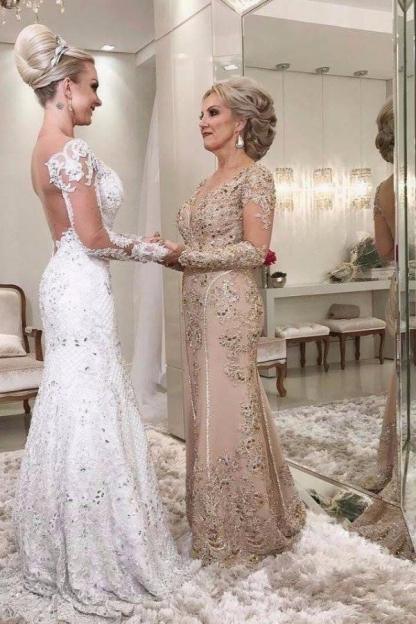 Golden Brautmutterkleider Spitze Mit Ärmel Günstig Abendkleider für Hochzeit Online