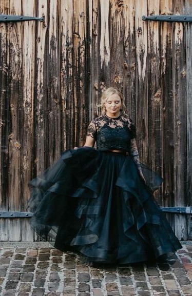 2 Teillige Brautkleider Mit Ärmel | Spitze Hochzeitkleid Schwarz