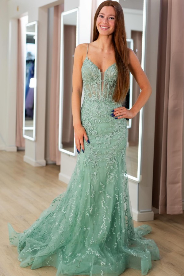 Seladongrün Ballkleid Abendkleid Lang Spitze Mit Glitzer Meerjungfrau