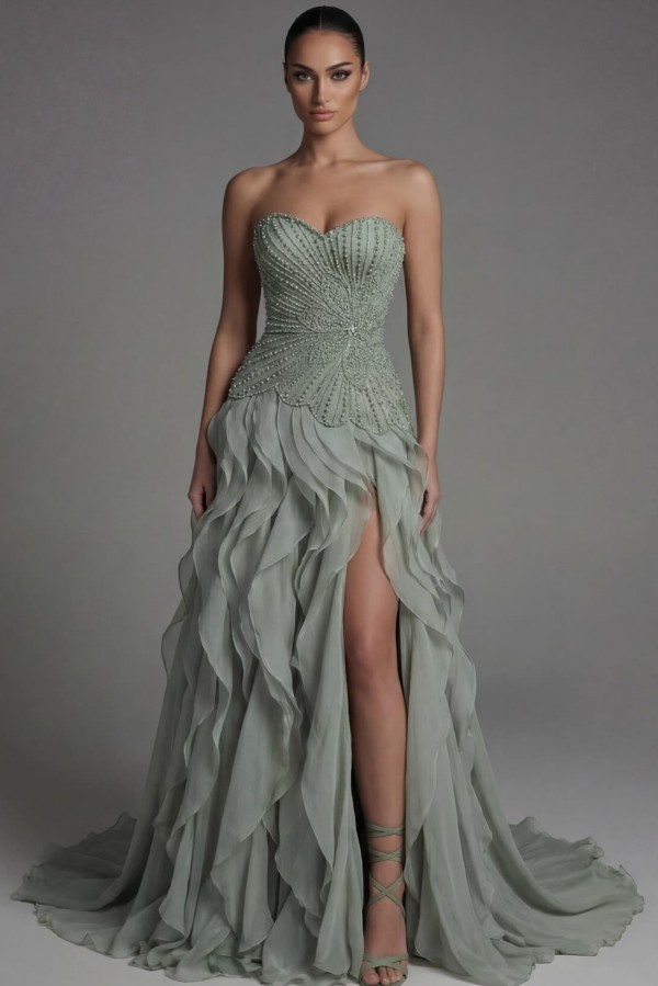 Dusty Grüne Abendkleider Lang Günstig | Abiballkleider mit Glitzer