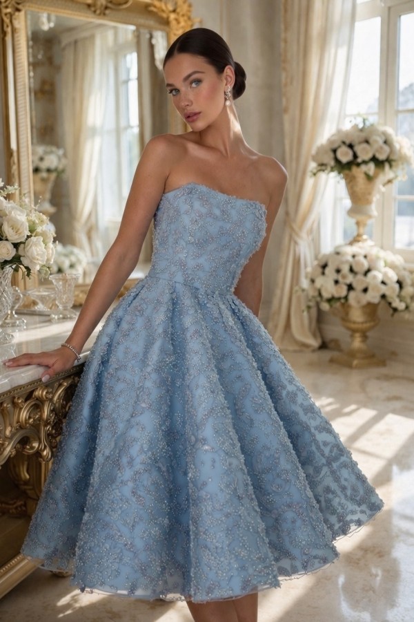 Dusty Blau Cocktailkleider Spitze Kurze Ballkleider mit Glitzer