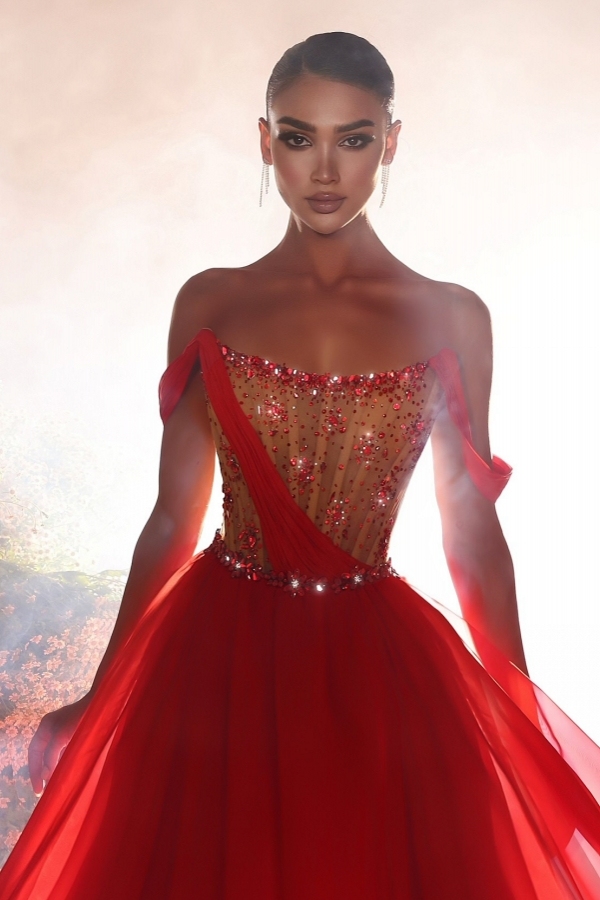 Modern Abendkleid Lang Rot | Abiballkleider mit Glitzer