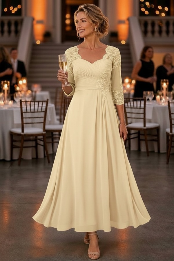 Dusty Blaue Brautmutterkleider Ankel Lang Chiffon Partykleid mit Spitze