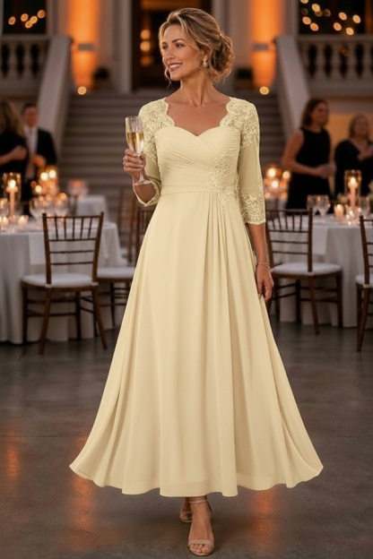 Dusty Blaue Brautmutterkleider Ankel Lang Chiffon Partykleid mit Spitze