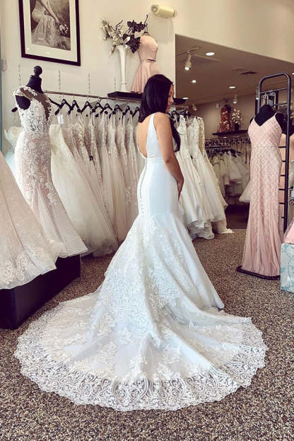 Schlichte Hochzeitskleider Satin Meerjungfrau Stil Brautkleider mit Spitze-babyonlinedressde