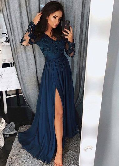 Elegante Abendkleider Mit Ärmel Mit Spitze Abiballkleider Lang Günstig Online-babyonlinedressde