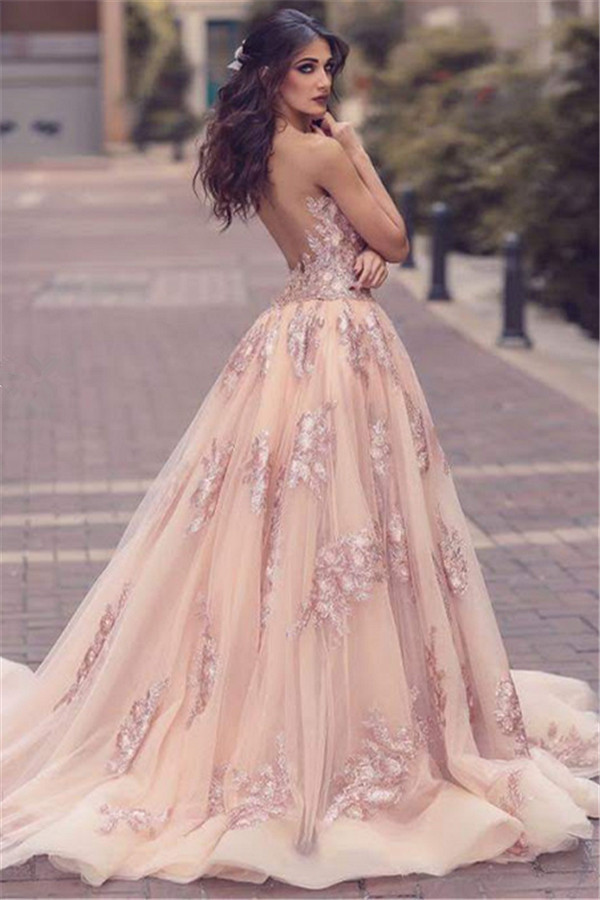 Elegante Rosa Abendkleider Spitze Träger Tüll Abendmoden Abiballkleider Günstig