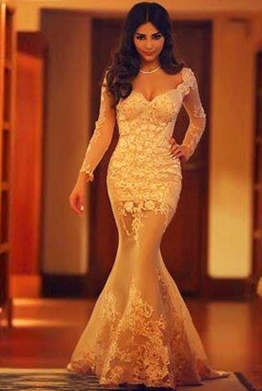 Elegant Abendkleider Lang Ärmel Spitze Meerjungfrau Bodenlang Abendmoden Abiballkleider Günstig-babyonlinedressde