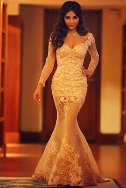 Elegant Abendkleider Lang Ärmel Spitze Meerjungfrau Bodenlang Abendmoden Abiballkleider Günstig-babyonlinedressde