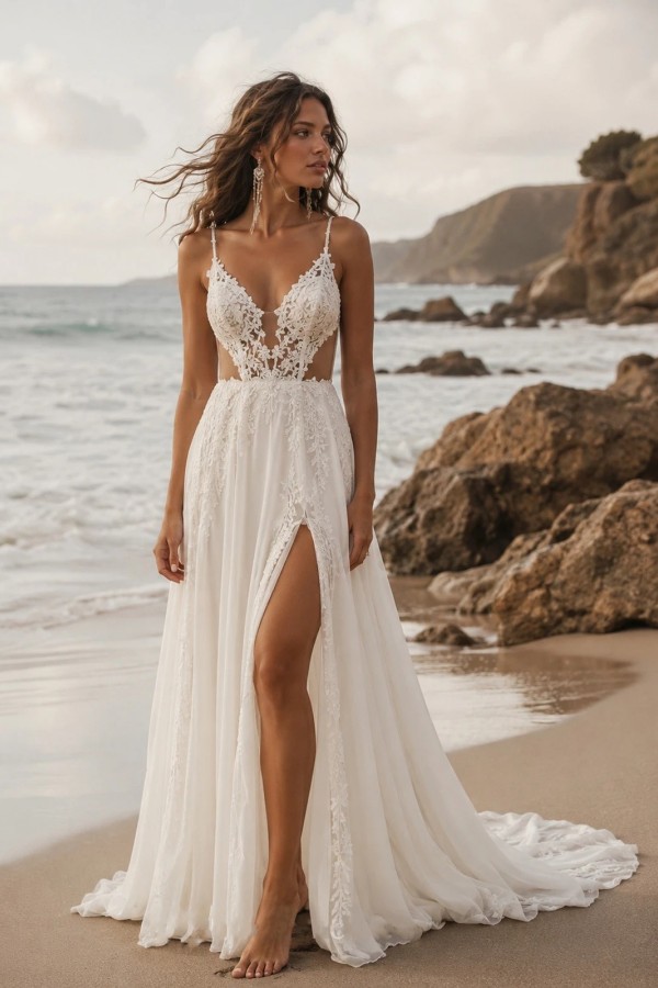 Sommer Brautkleider Strand Chiffon Boho Hochzeitskleider mit Spitze